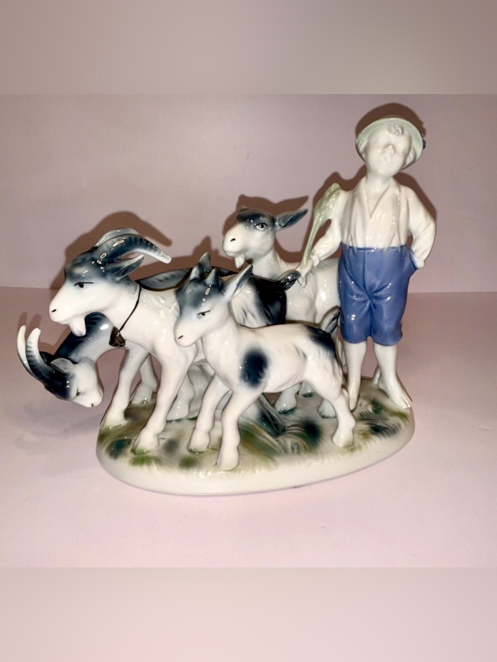 Vintage Froelich Tettau Bavaria Porcelain Figurine Boy w/ Goats German 8” Nice!
